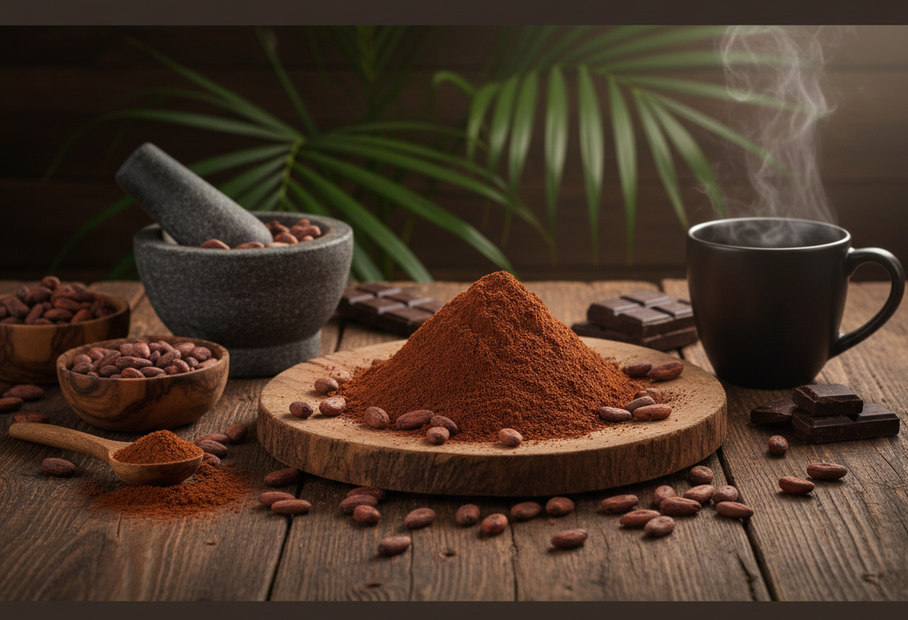 Ceremoniální kakao — kakaový prášek, boby a horký nápoj na dřevěném stole